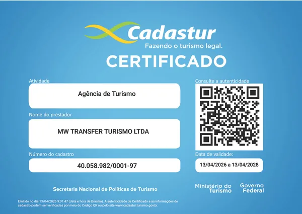 Certificado Cadastur da MW Transfer Turismo LTDA, CNPJ 40.058.982/0001-97, Ministério do Turismo